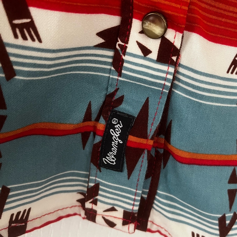 Wrangler Retro Teal Red Brown Southwest Aztec Pearl Snap Western Shirt, Size S - Picture 8 of 15